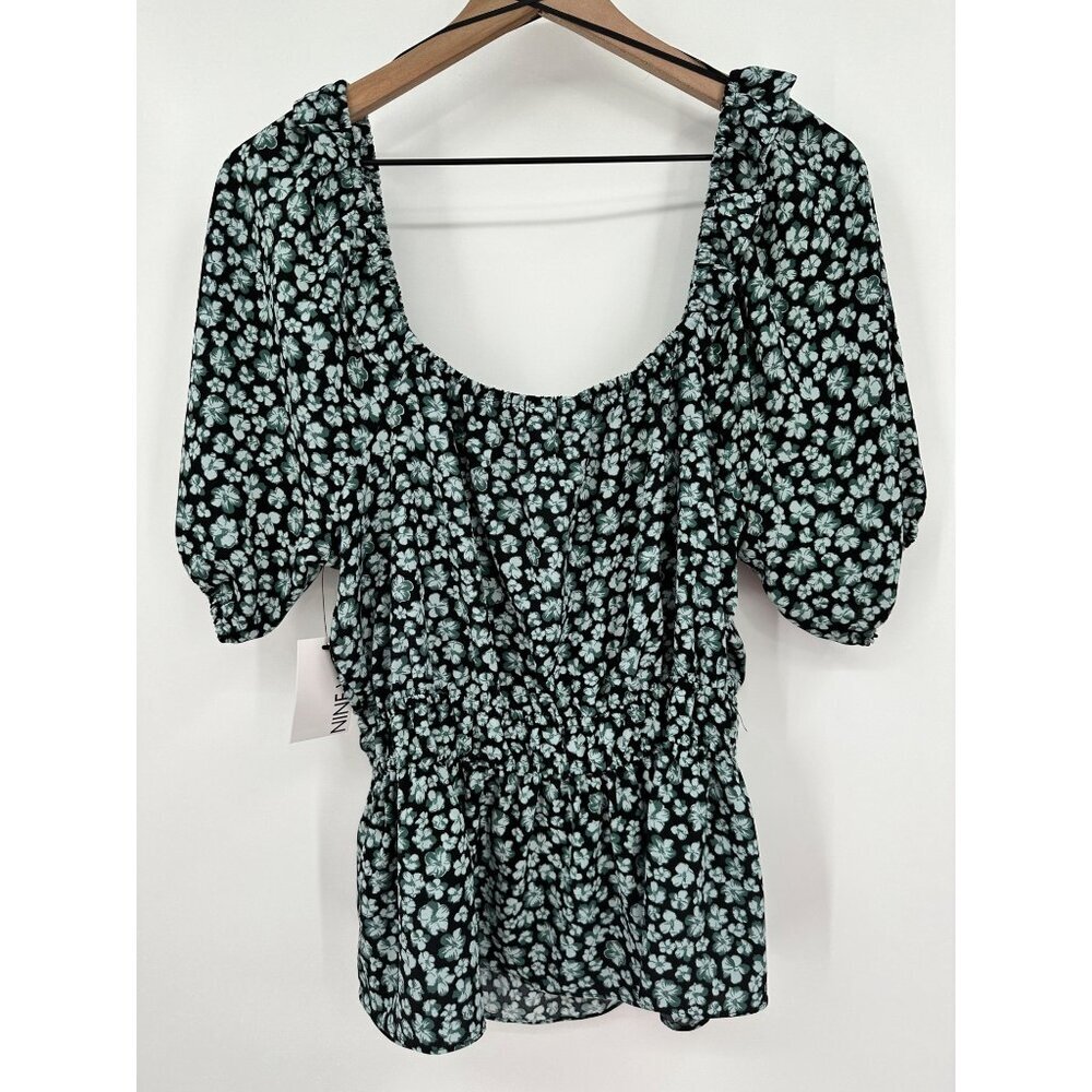 Nine West Short Sleeve Square Neck Peplum Blouse Women Large Black Floral NWT - Picture 4 of 11